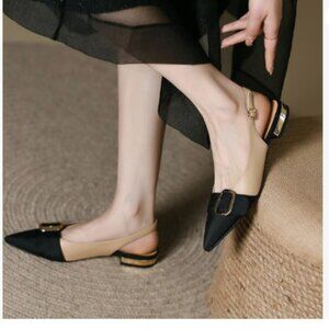 FSJ Black Pointed Toe Slingback Low Block Heels Slip On Ankle Strap Buckle Pumps